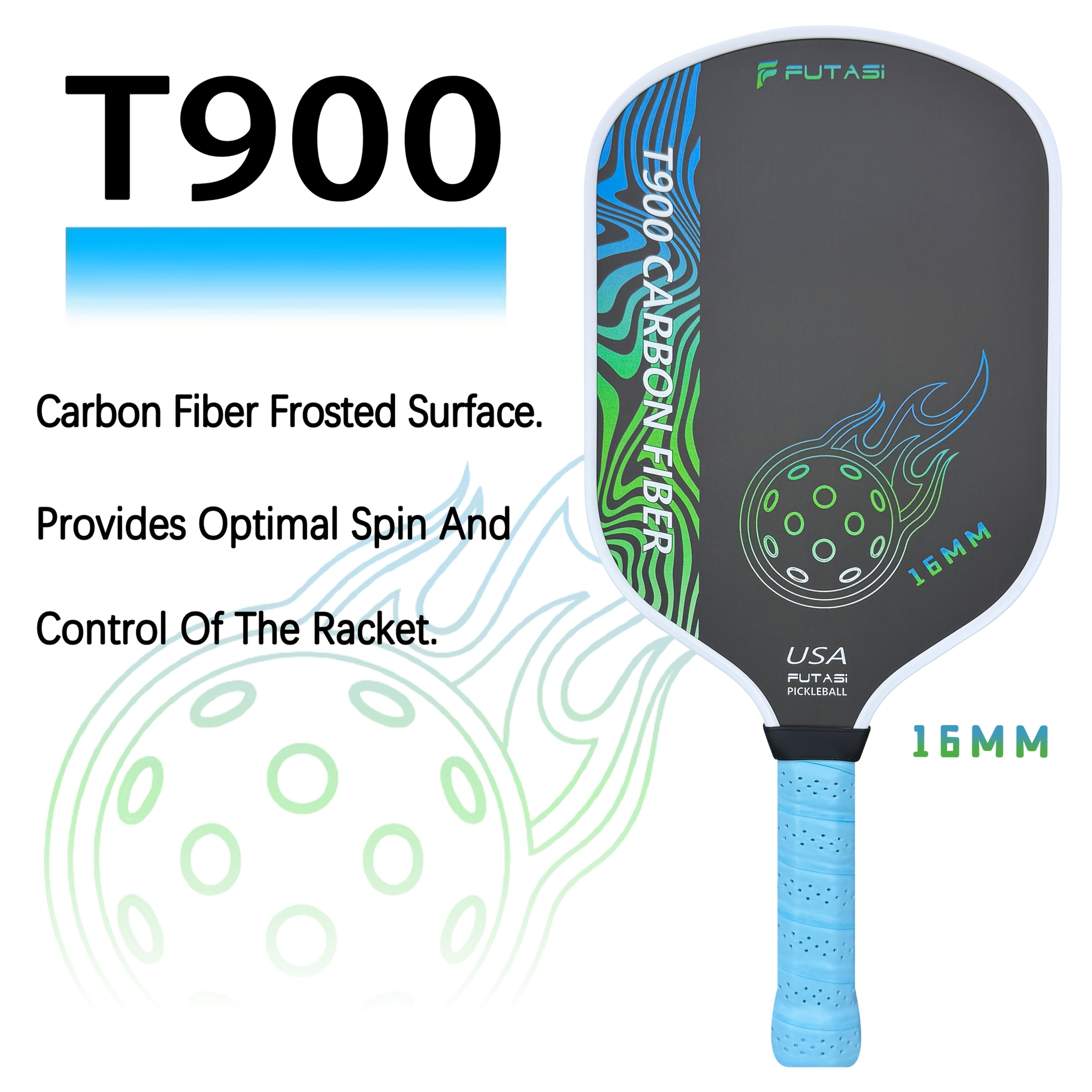 TEMU Futasi T900 Carbon Fiber Pickleball Paddle With Pu Non-slip Grip & Rough Frosted Surface - 16mm Core Suitable For Competitive Play, Suitable For