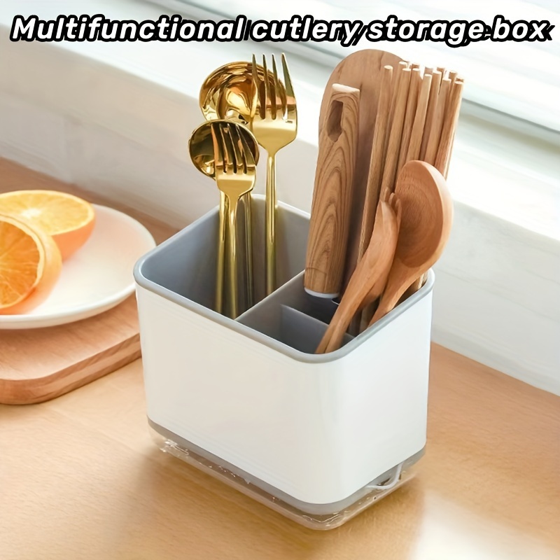 

Multifunctional Plastic Flatware Organizer - Tension Mount Cutlery Storage Box With Lightweight Design For Kitchen Counter - Spoon, Fork, And Chopstick Holder