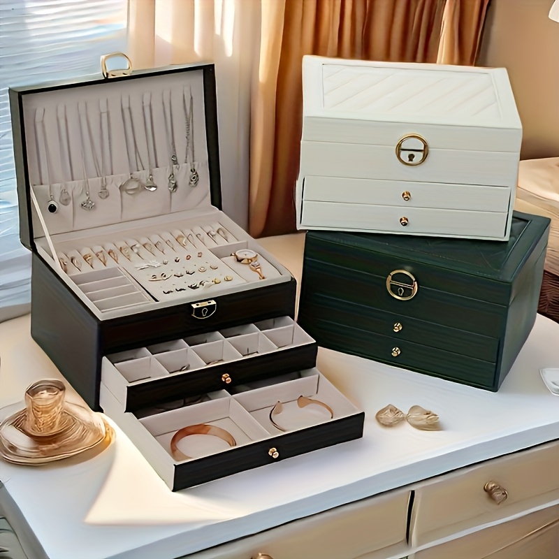 3 tier jewelry box organizer with key lock elegant green   lined compartments secure locking lid for earrings rings necklaces bracelets perfect gift for women home   decor durable synthetic   leather construction large jewelry box keepsake holder sophisticated design   leather   jewelry boxes Product details 2