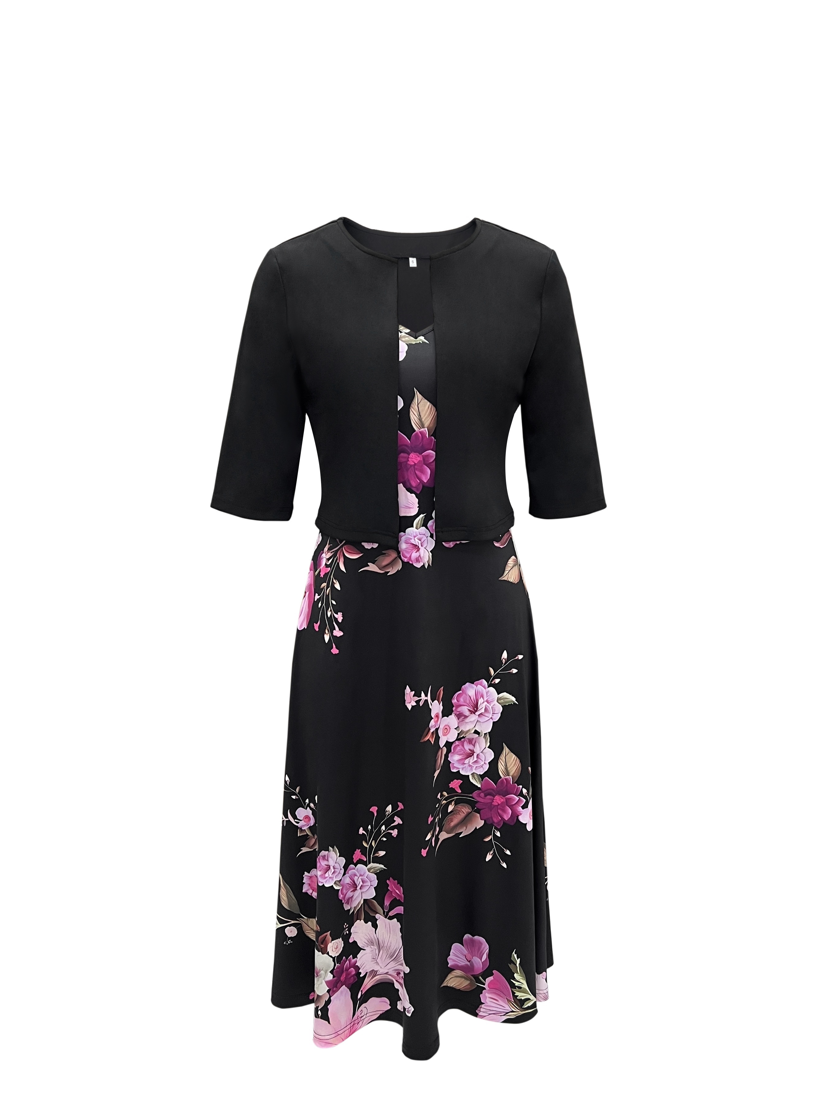elegant floral print dress set crop open front three quarter sleeve top v neck a line tank dress outfits womens clothing