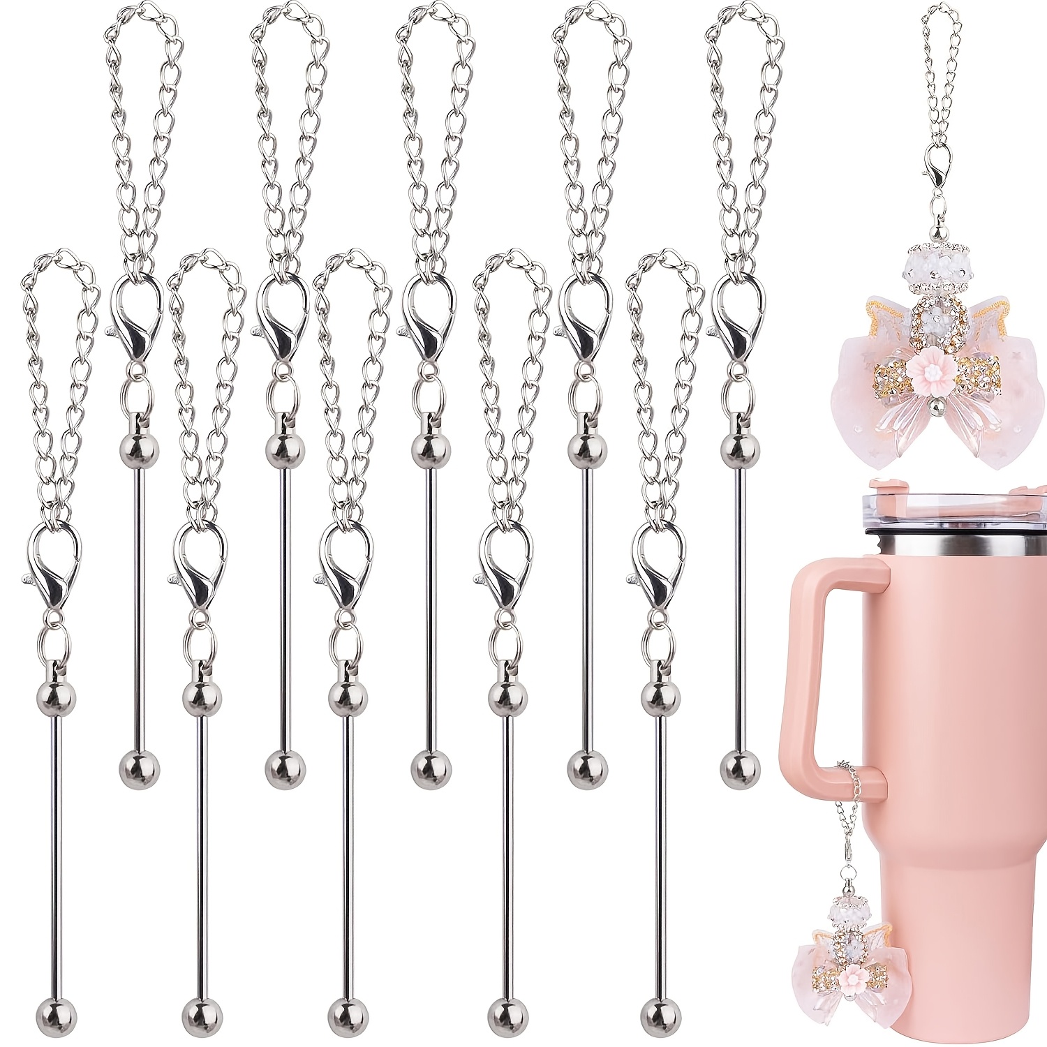 E-shop Set mit 10 Wasserbecher-Griff-Anhängern, Perlenstab-Dekorationen für Schlüsselanhänger, Schlüsselringe, Damenhandtaschen-Anhänger, mehrfarbige