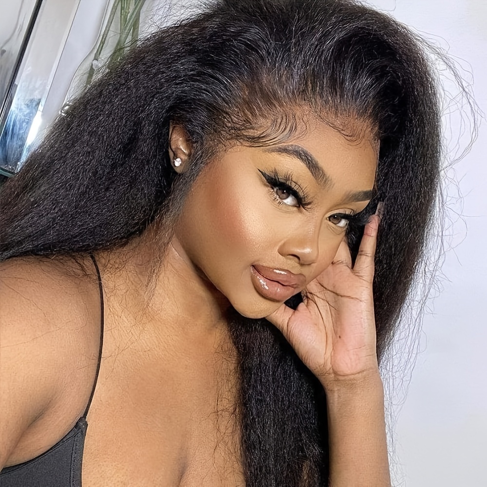 Image of Human Hair Brazilian Lace Front Wigs With A Kinky Straight Texture, Featuring A Glueless 13x4 Frontal Design. Pre-plucked And Suitable For Beginners, Wigs Have A Coarse End And A Density Of 150%