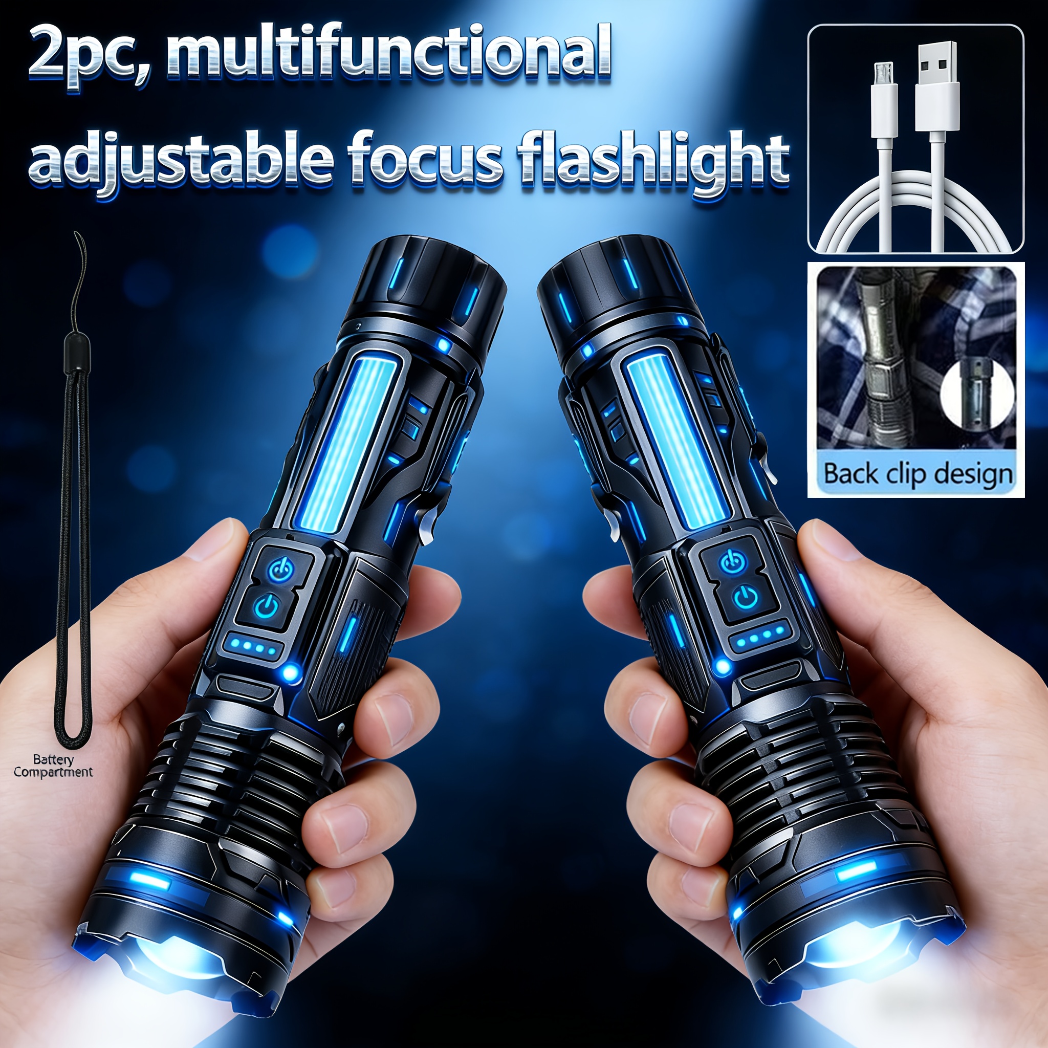 TEMU 2pcs, Usb Rechargeable Adjustable Focus Flashlight With Side Clip For Easy Carrying Multifunctional Flashlight, 3 Adjustable Beams, Suitable For