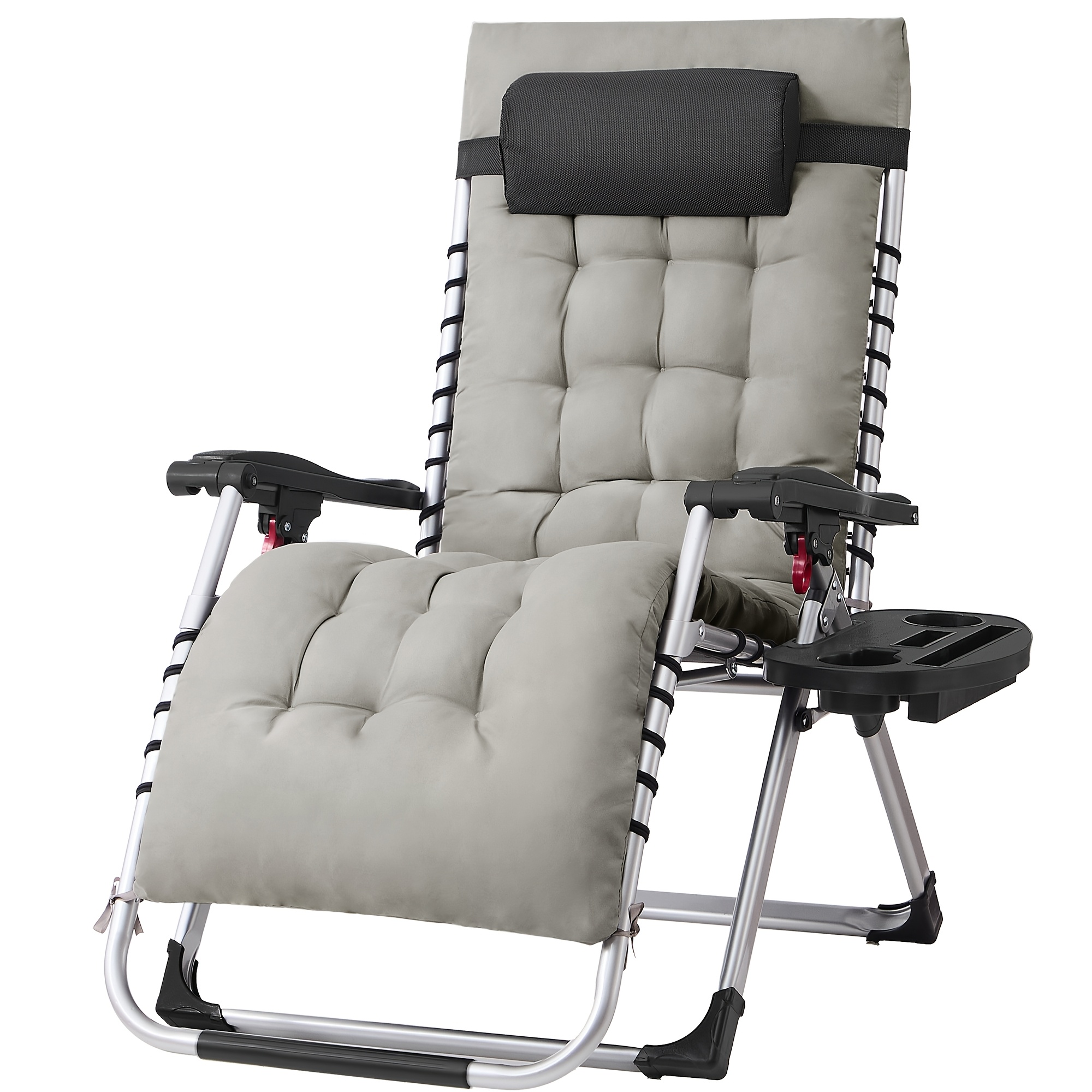 Folding Deckchair With Removable Cushion, Steel Garden Deckchair With Tray And Storage Pocket