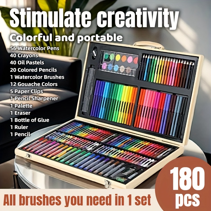 

180pcs Set With Wooden Case - Includes Watercolor Pens, Crayons, Oil Pastels, Colored Pencils & More - Quick-dry, Drawing Supplies For Artists And Hobbyists