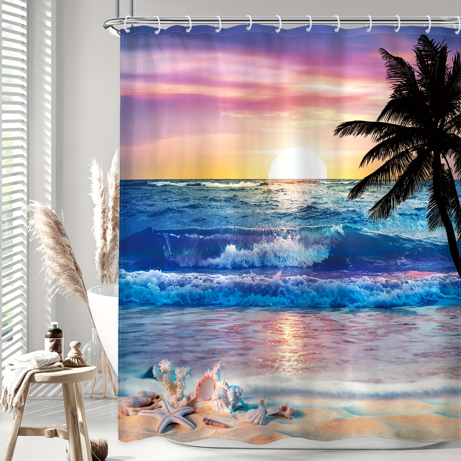 

1pc Ocean Sunrise Shower Curtain, Beach Tree Hawaiian Vacation Sunset Coastal Scenery Shower Curtain Bathroom Set, Waterproof Bath Decoration Accessories, Home Decor, 12 Plastic Hooks, 60wx72h Inch