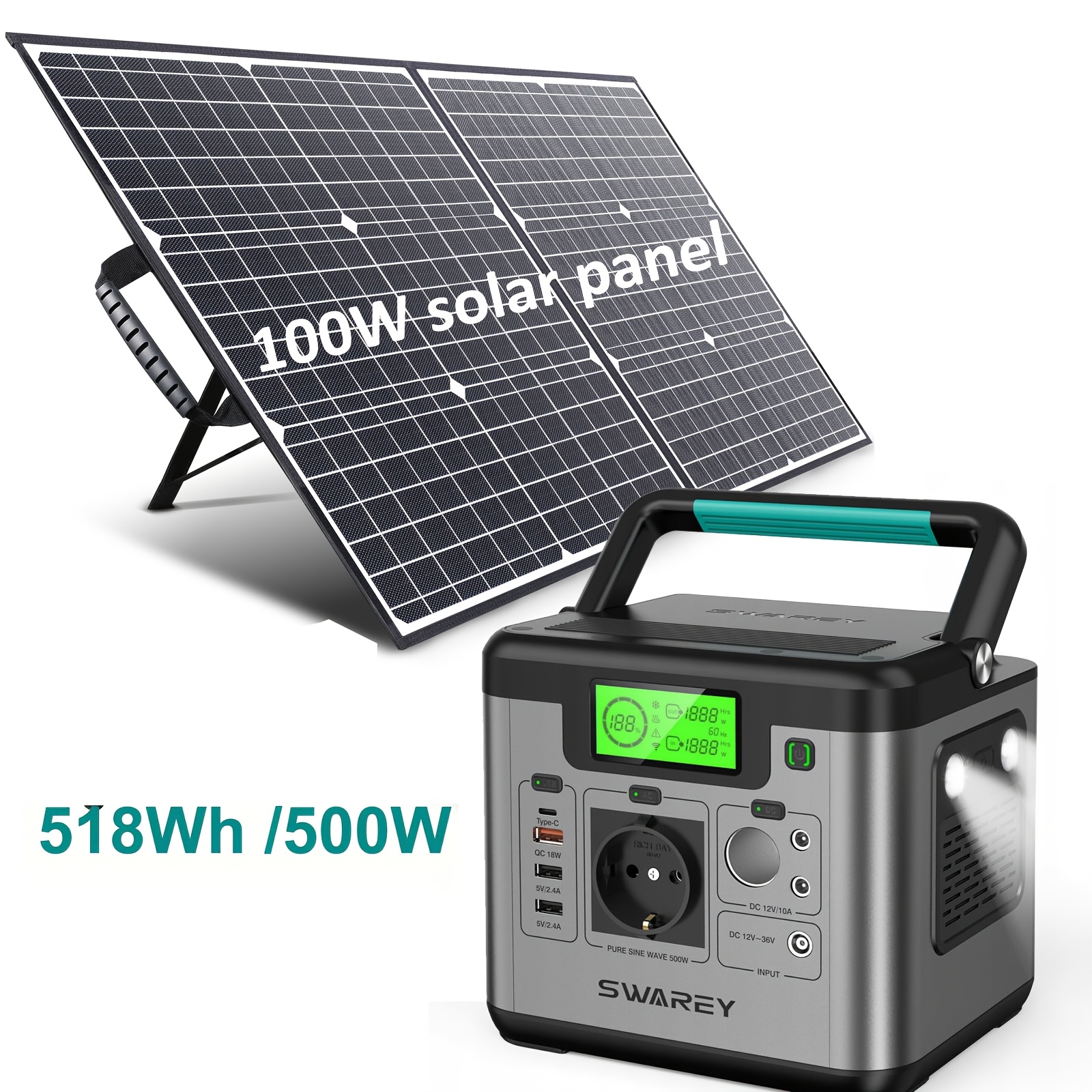 Image of Swarey 518wh Portable Power Station With 100w Solar Panel, Lighter & Smaller Solar Generator, Ac Outputs/pure Sine Wave, Emergency Generator For Road Trips/rving/camping/ Storage/emergency Backup