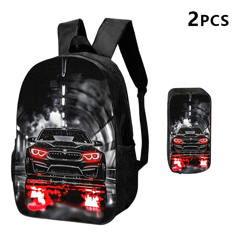 TEMU 1 pièce/2 pièces/3 pièces Sac à dos de voiture, sac à bandoulière et pochette de rangement sur le thème noir et rouge, imprimé d'une voiture de
