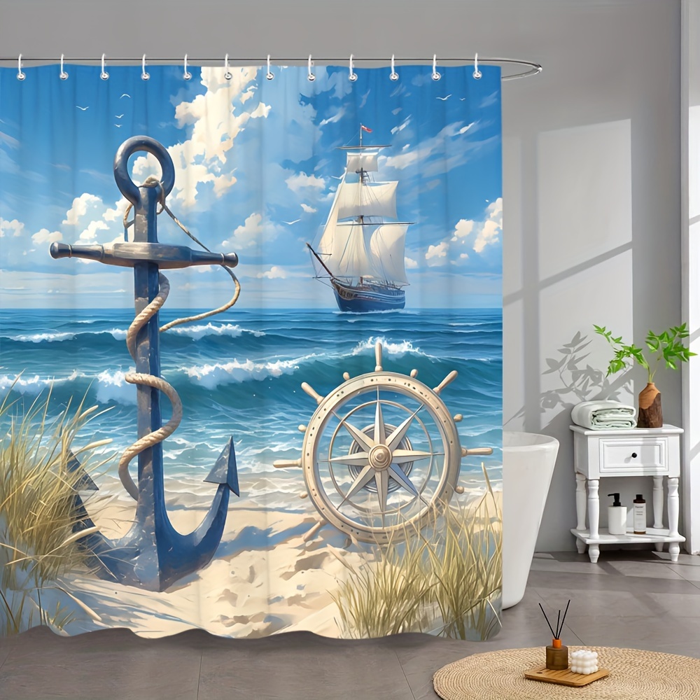 

Nautical Shower Curtain - Ocean & Beach Scenery With Anchor, Rudder, And Sailboat Designs | Watercolor & | Hd | Decor With Hooks Included