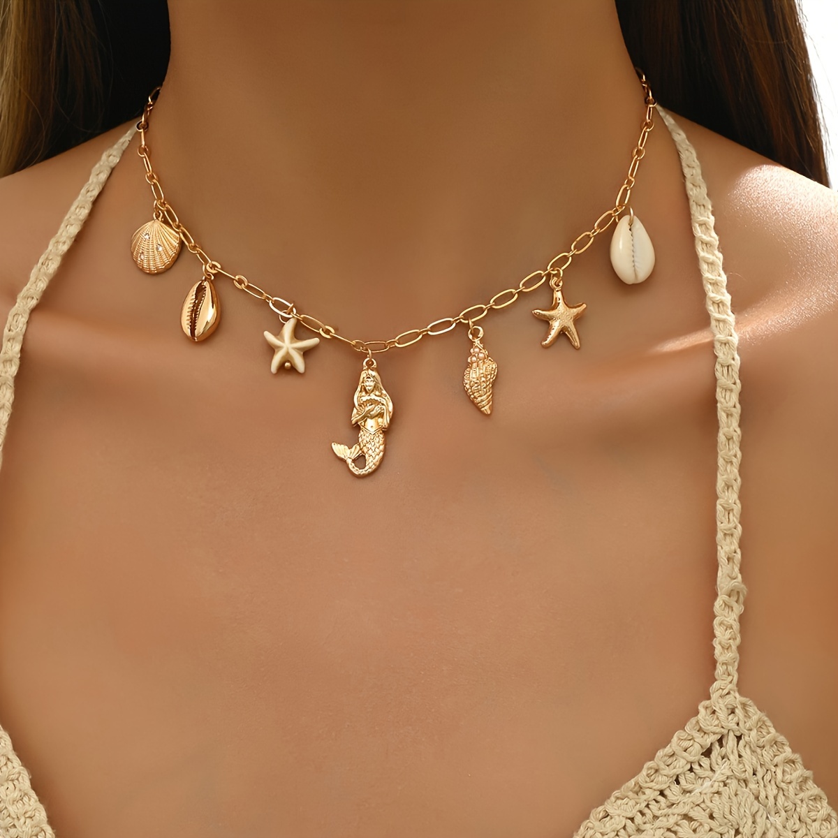 

Bohemian Style Women' Necklace With Shell, Starfish, Mermaid Charms, Zinc Alloy, , Accessory