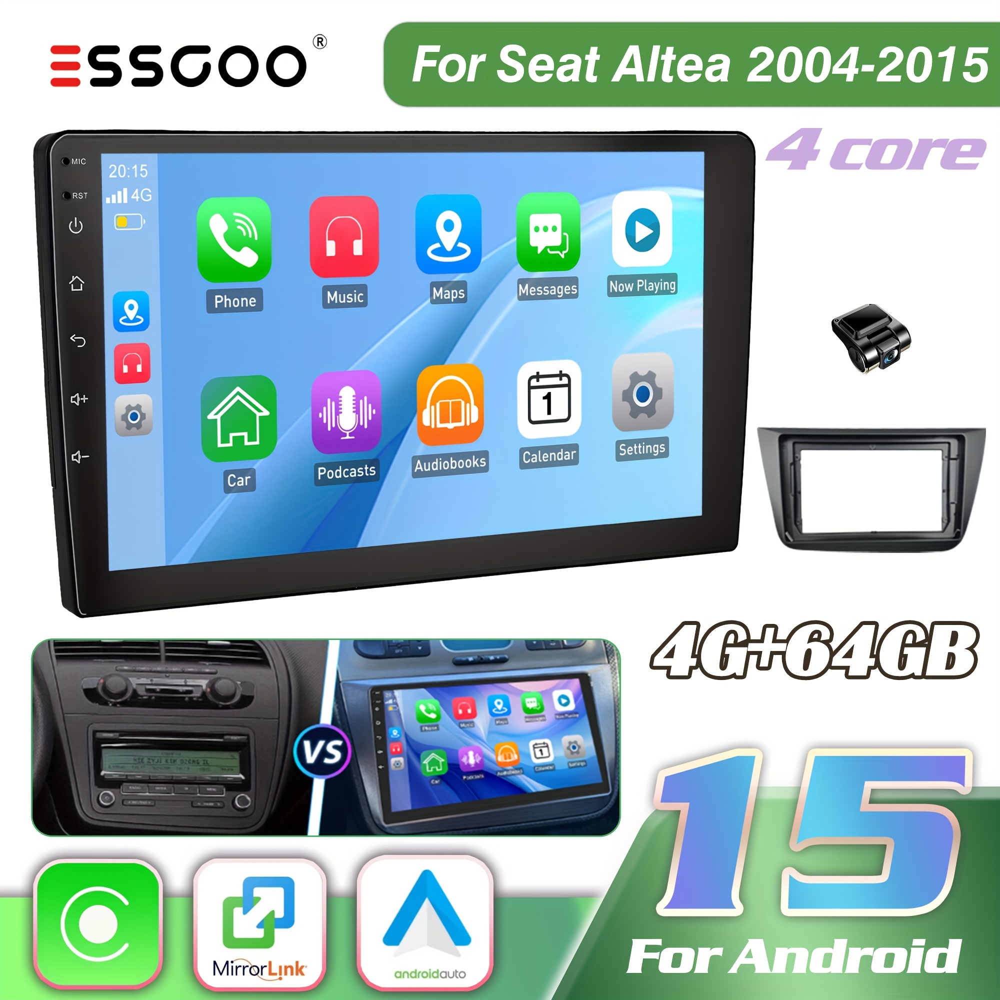 Essgoo 9-inch 15 Designed For Seat Altea (2004-2015) | Features 4gb+64gb Setup | 2din Ips Touchscreen Equipped With Fm Radio, Steering Wheel Control, And Equalizer Settings, Along With , Auto