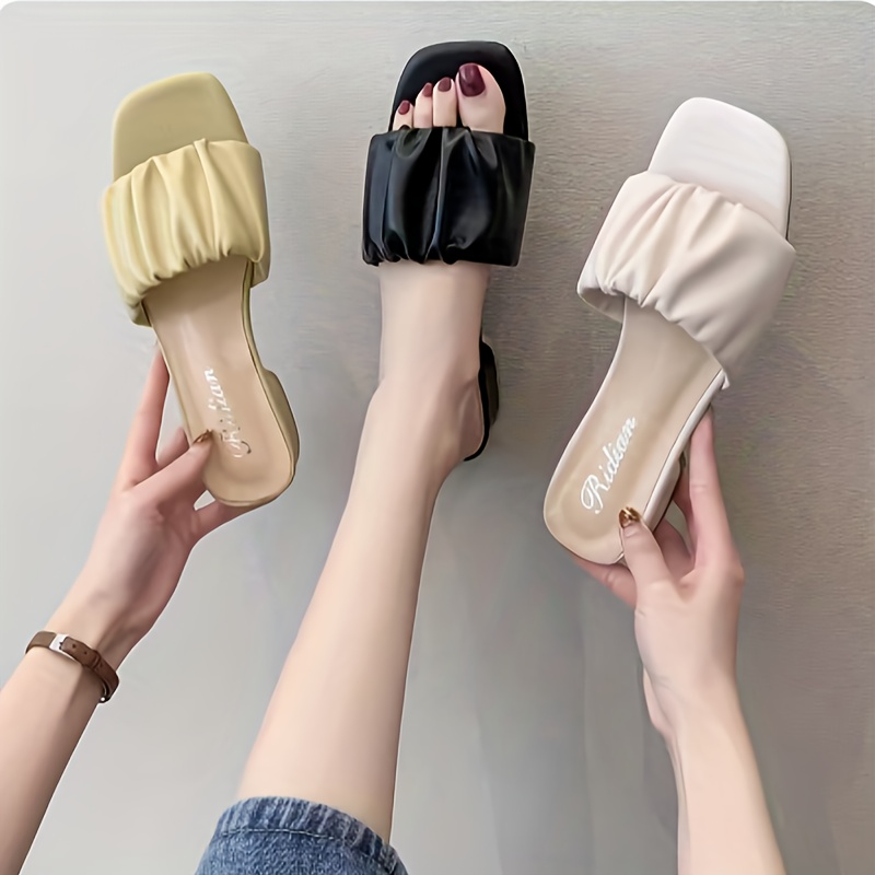 

Women's Ruched Decor Sandals, Slip On Non-slip Square Toe Chunky Heels, Slides For Summer Dress Shoes