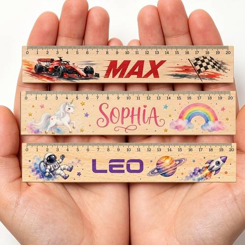 . holzlineal mit personalisiertem namen, personalisiertes schulgeschenk mit einhorn-, rennwagen- & -themen, 20 cm messwerkzeug, geschenk zum schulanfang oder geburtstag, mathematische instrumente