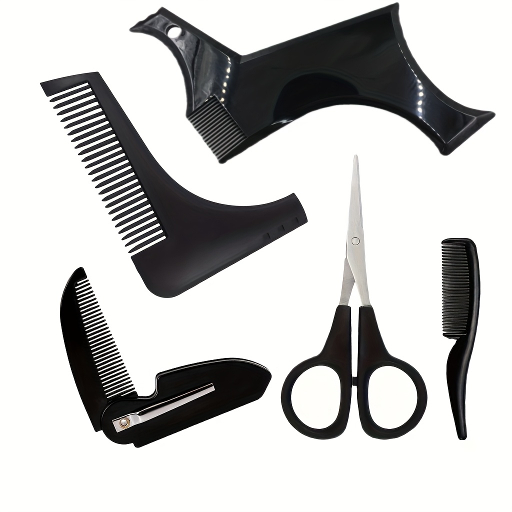Image of 5pcs Beard & Mustache Grooming Tool - Portable Beard Styling Comb, Ruler & Template For Trimming, Shaping - Travel-friendly For Neat Facial Hair, Suitable For Beard Trimming & Styling