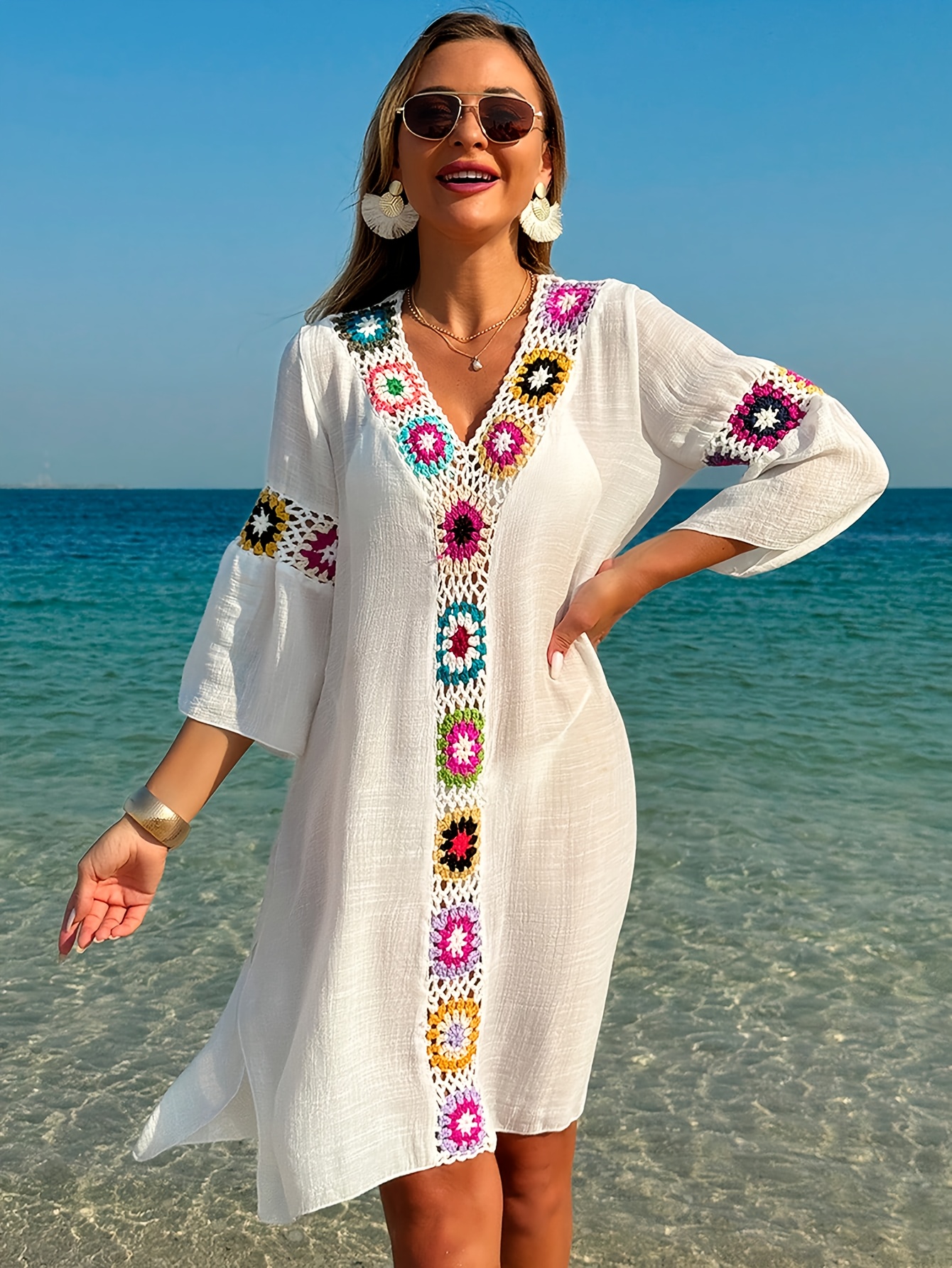 Robe de Plage Légère et Ample à Col en V avec Manches 3/4 pour Femmes Vcay - Coupe Croisée avec Fentes Latérales, Lavable en Machine pour la Natation d'Été, le Bateau & les Voyages