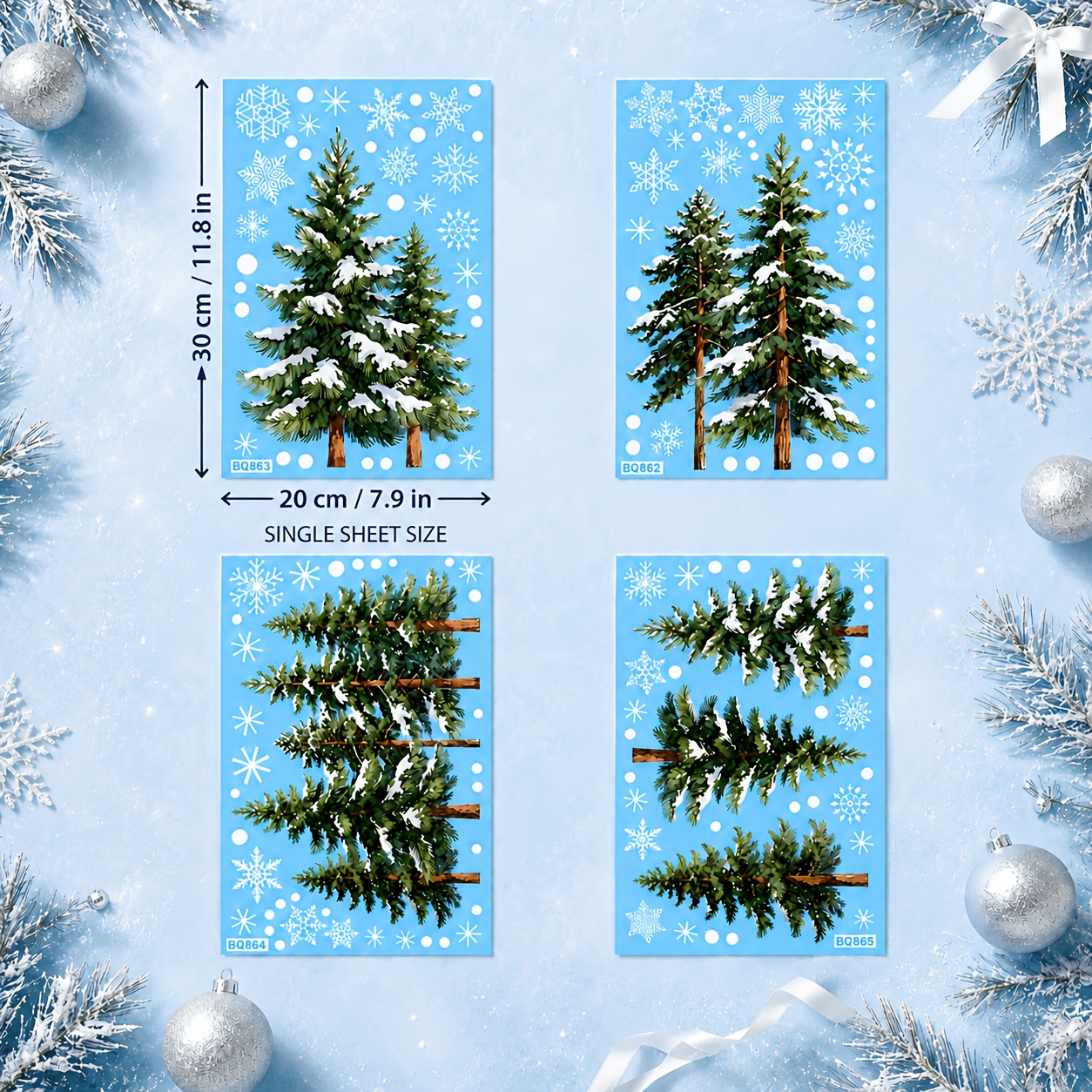 TEMU 4 Sheets Christmas Tree Window Stickers, 30 X 20 Cm Each, Snow-covered Evergreen Trees With Snowflake Designs, Glass Decorations For Home, Shop