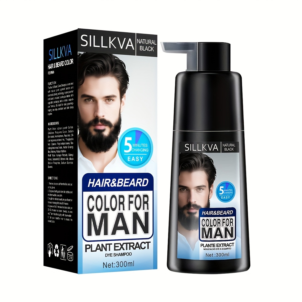 TEMU Sillkva Men's Hair & Beard Color Shampoo - Covers Gray In , Long-lasting Natural Black, Gentle Plant Extract Formula, Perfect For Halloween&christmas Gifts