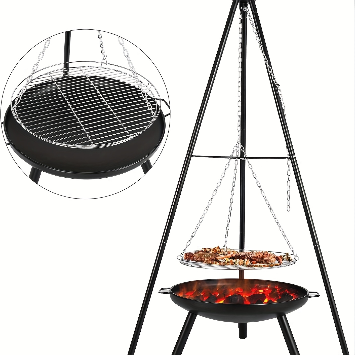 Image of Swivel Grill With Fire Bowl, Grill Tripod For Fire Bowl With Grill Grate (52cm) Height Adjustable Chain (200 Cm) And Tripod (h:152 Cm), Fire Basket Fire Bowls For The Garden Yard