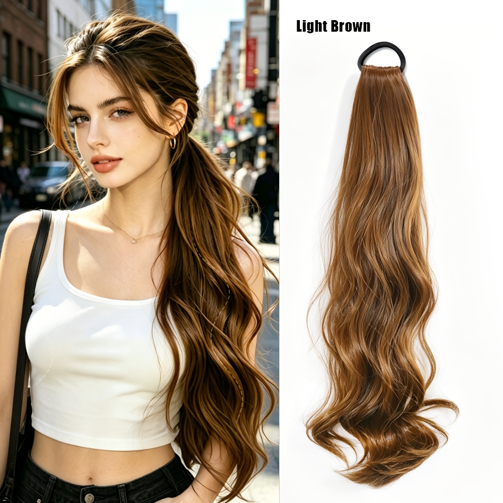 TEMU Extensión de cabello de coleta ondulada de 24 pulgadas de largo, postizo sintético con banda elástica, peluca de coleta para el peinado