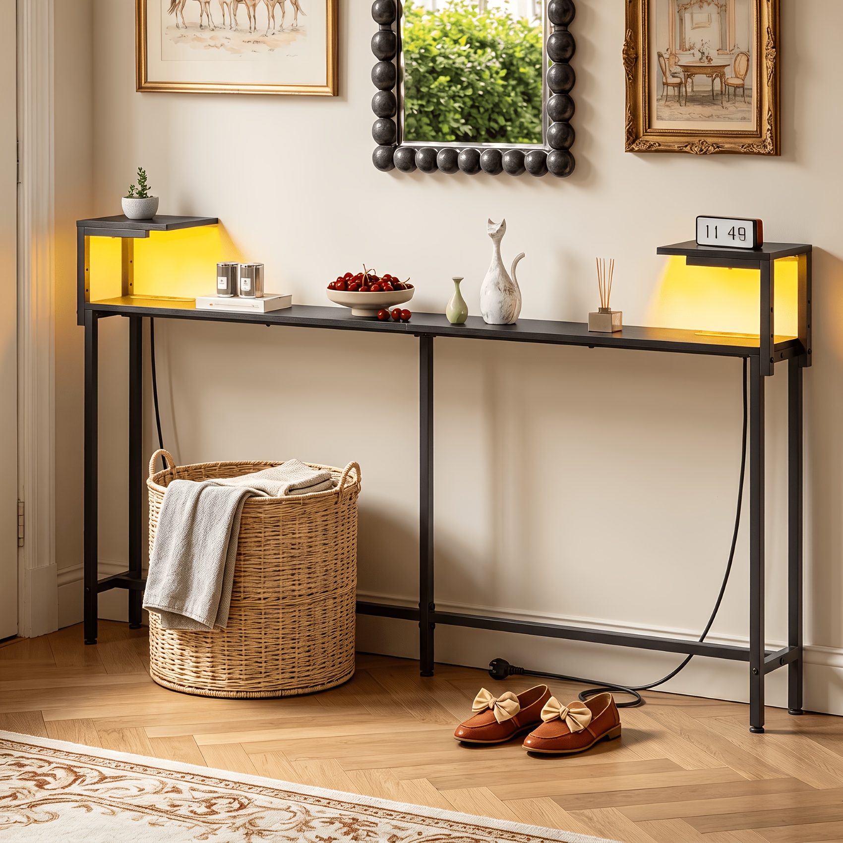 Image of 180cm Slim Behind Sofa Console Table, Warm Led Ambient Light & Built-in Charging Ports, Wood Effect Side Storage Cubbies, Multi-scene Furniture For Living Room Hall Bedroom, /tiger Grain/grey