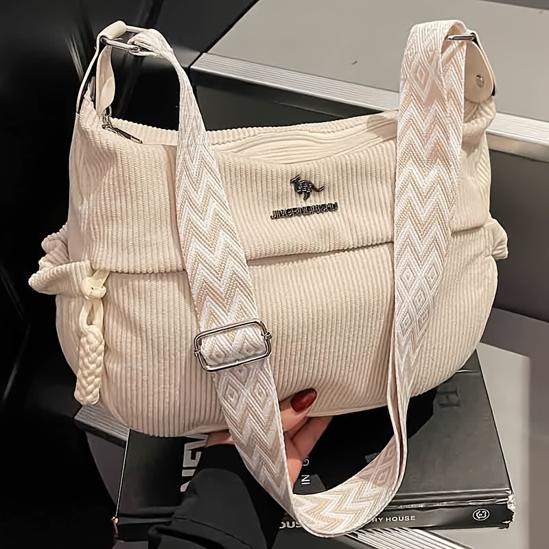 Women's Large Capacity Corduroy Tote Bag With Adjustable Strap & Zipper Closure - & Brown Striped Handbag, Multi-compartment Organizer For Work, Travel