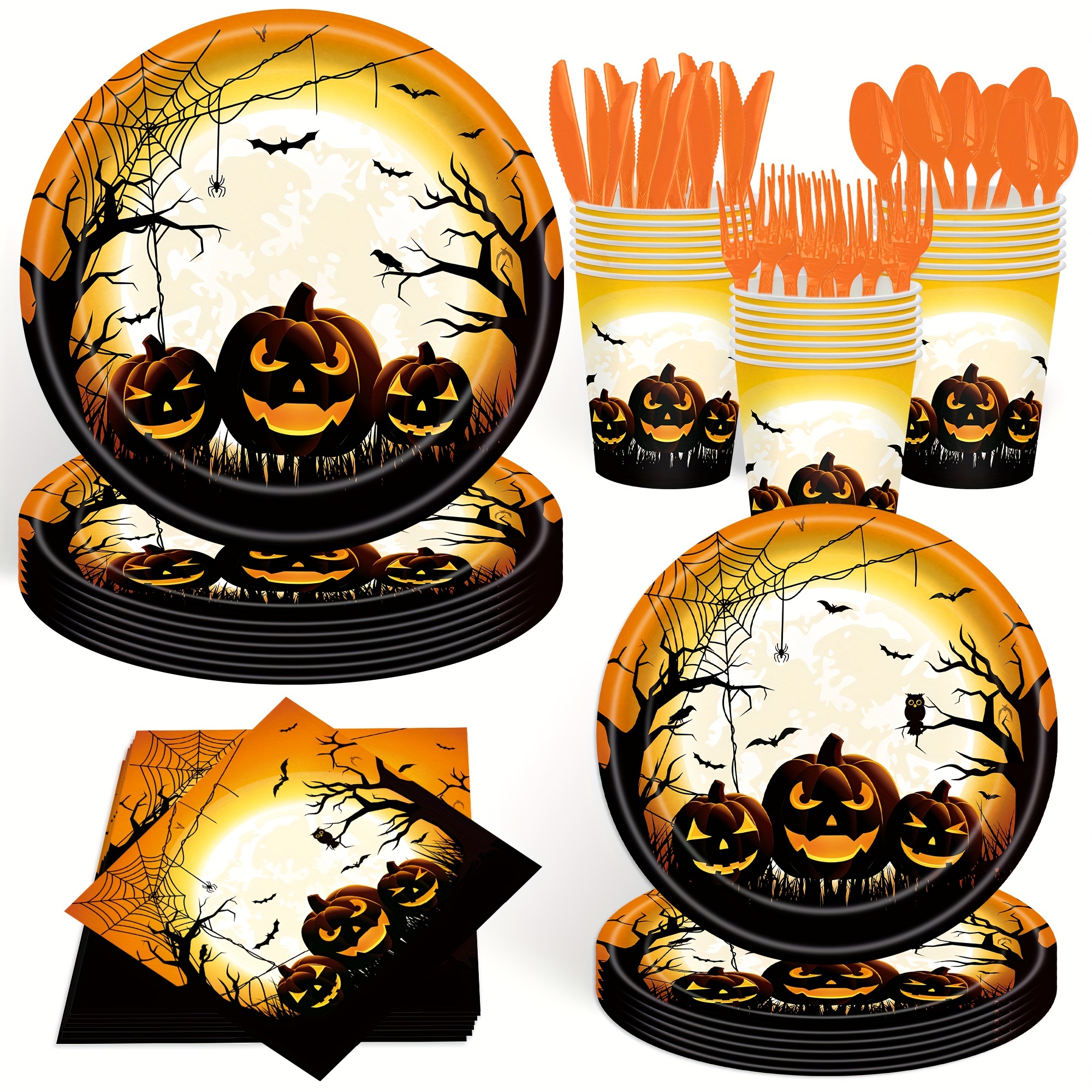 TEMU 140pcs Of Halloween Party Supplies, Disposable Pumpkin Plates And Napkins, Designed For Spooky Halloween Party Decorations, A Tableware Set For