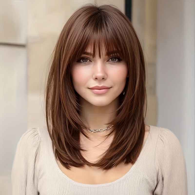 Image of 14-inch Honey Brown Bangs Layered Shoulder-length Hair, Synthetic Wig High-temperature, Versatile For Daily Wear, Fashionable , Suitable For Occasions Such As Cosplay, Parties, And Carnivals