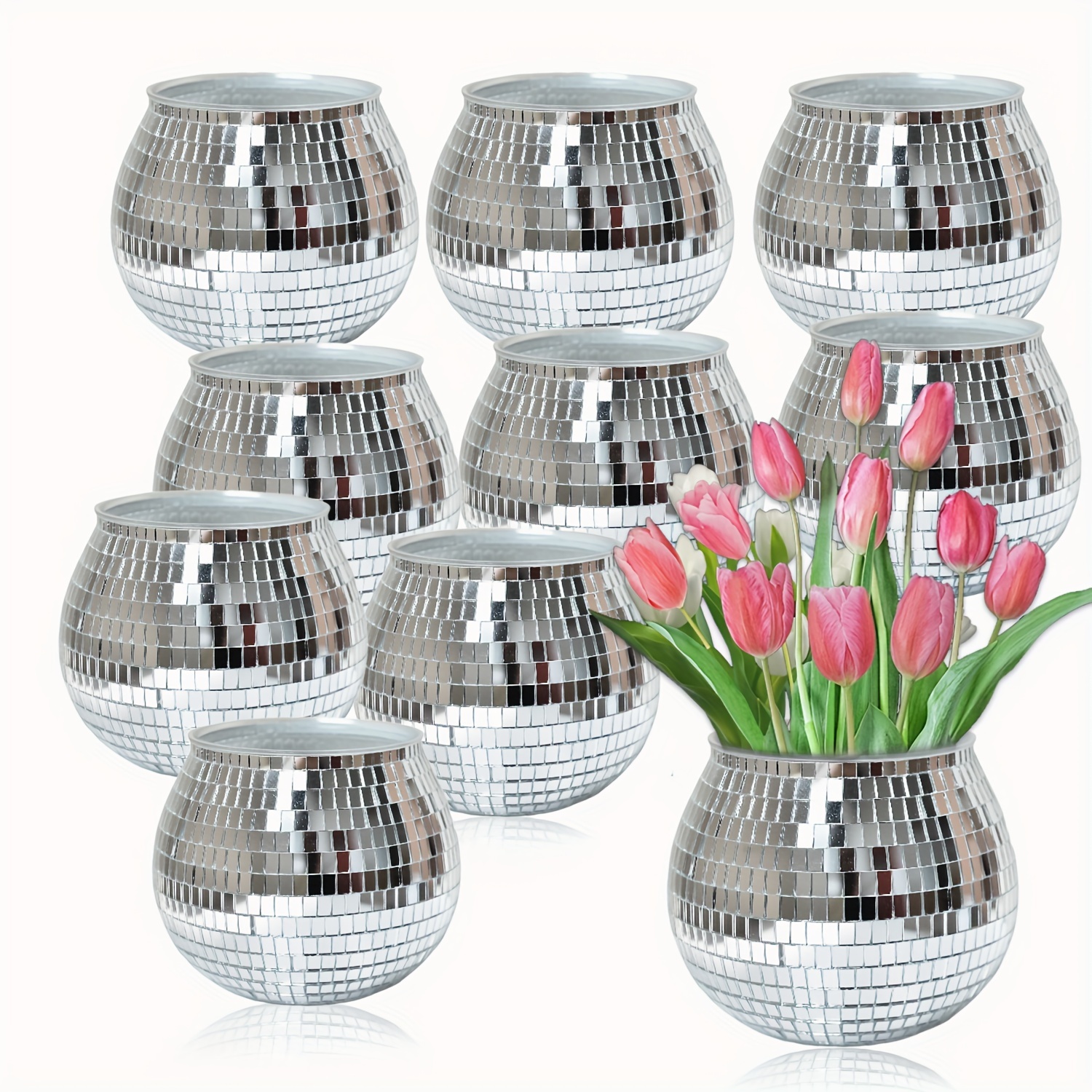 

1pc Round Glass Geometric Mosaic Mirror Vase For Home Garden Decor, Exquisite Disco Ball Flowerpot For Balcony Kitchen