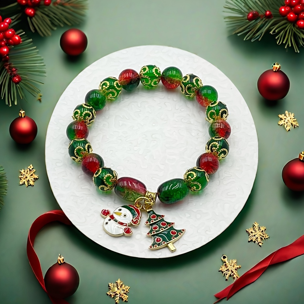 

Elegant Christmas Charm Bracelet With Snowman & Tree Pendants - Red & Green Glass Beads, Gift For Women, Christmas Garland