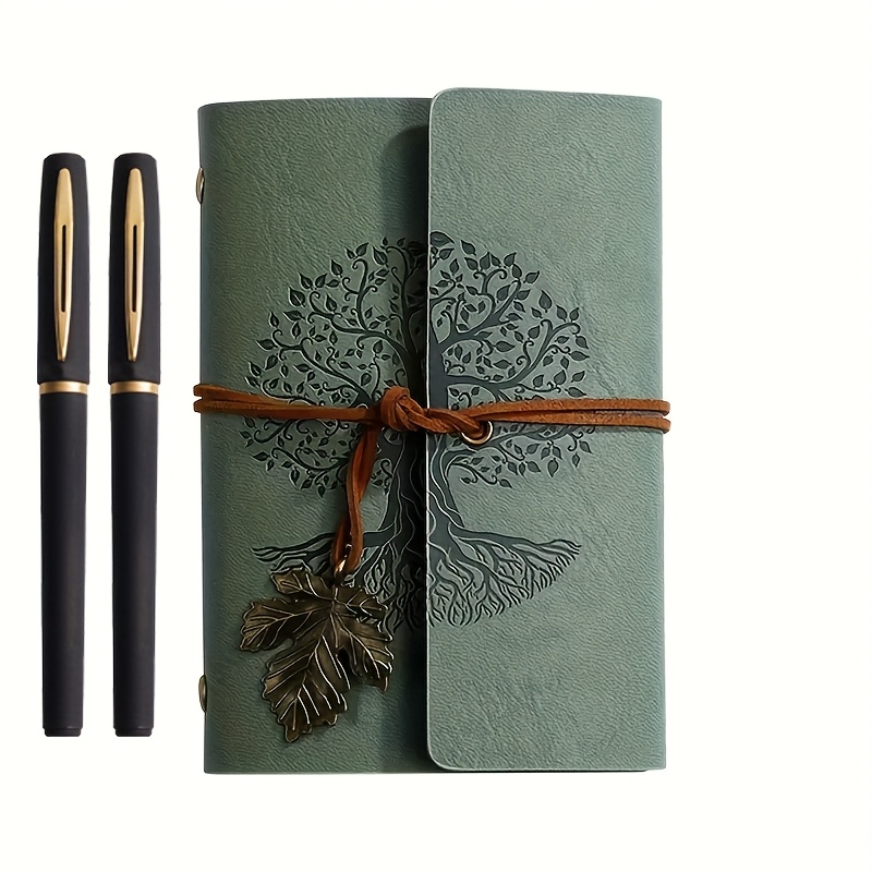 E-shop Notes 3er Set, Vintage Spiralnotizbuch und 2 stilvolle schwarze goldene neutrale Stifte, mit einem skurrilen Baumdesign - PU Leder,