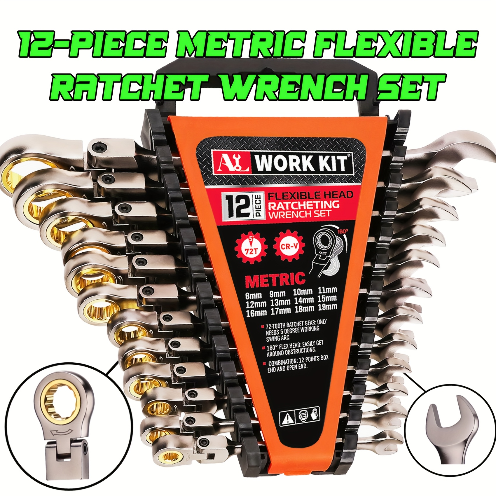 

Heavy Flex-head Ratcheting Combination Wrench Set, 72-tooth Ratchet, Steel, Resistant Nickel Plating Treatment, 12pcs Metric 8mm To 19mm, Handheld Wrench Holder That Matches The Wrench. Nice Gifts