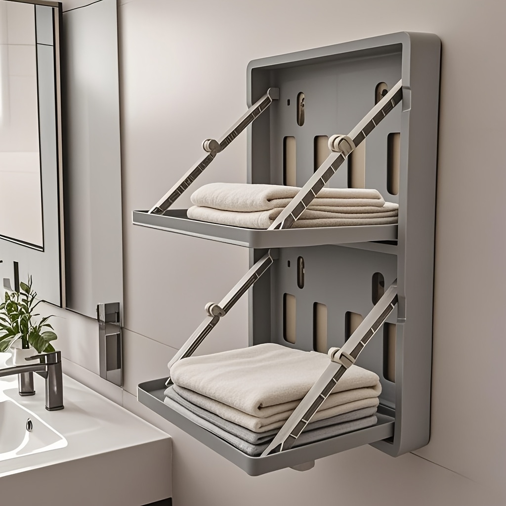 No-Drill Adhesive Wall-Mounted Double-Layer Folding Shelf - Reinforced Thickened Plastic Bathroom Organizer with 2-Tier Shelves for Towels, Toiletries - Space-Saving Storage for Bathroom & Toilet Walls, Toiletry Organization, Minimalist Design, Sturdy Construction, Compact Design, Durable Material, Compact Spaces, Utility Racks