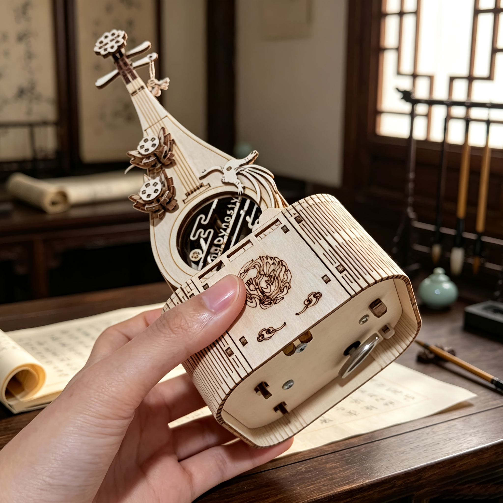 Wooden Pipa Music Box 3D Puzzle, Rotating Ornament