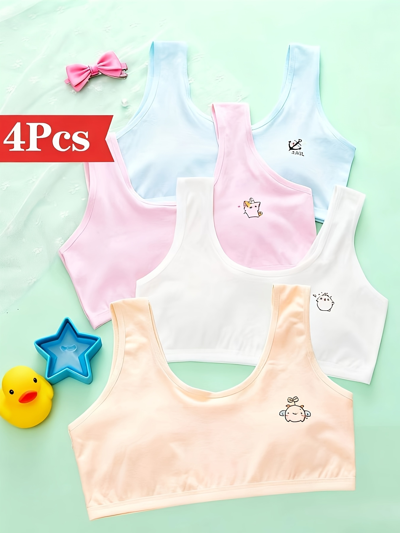 random 4pcs of cute cartoon patterned girls vests soft and stretchy fabric without underwire suitable for   with good   multiple colors   school and casual wear girls vests with   design and  