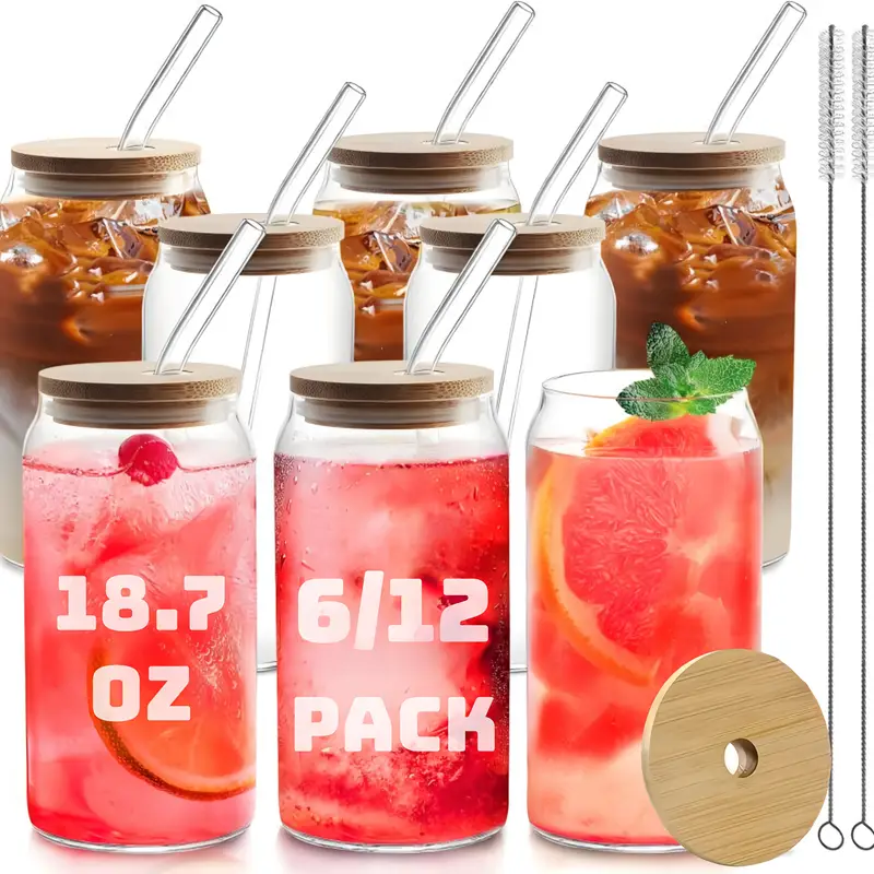6 12pcs glass straw cups with bamboo lids mason jar cups iced coffee cups milk tea cups boba tea reusable suitable for furniture kitchens hotels home party supplies 18 7 ounces 550 milliliters Product details 8