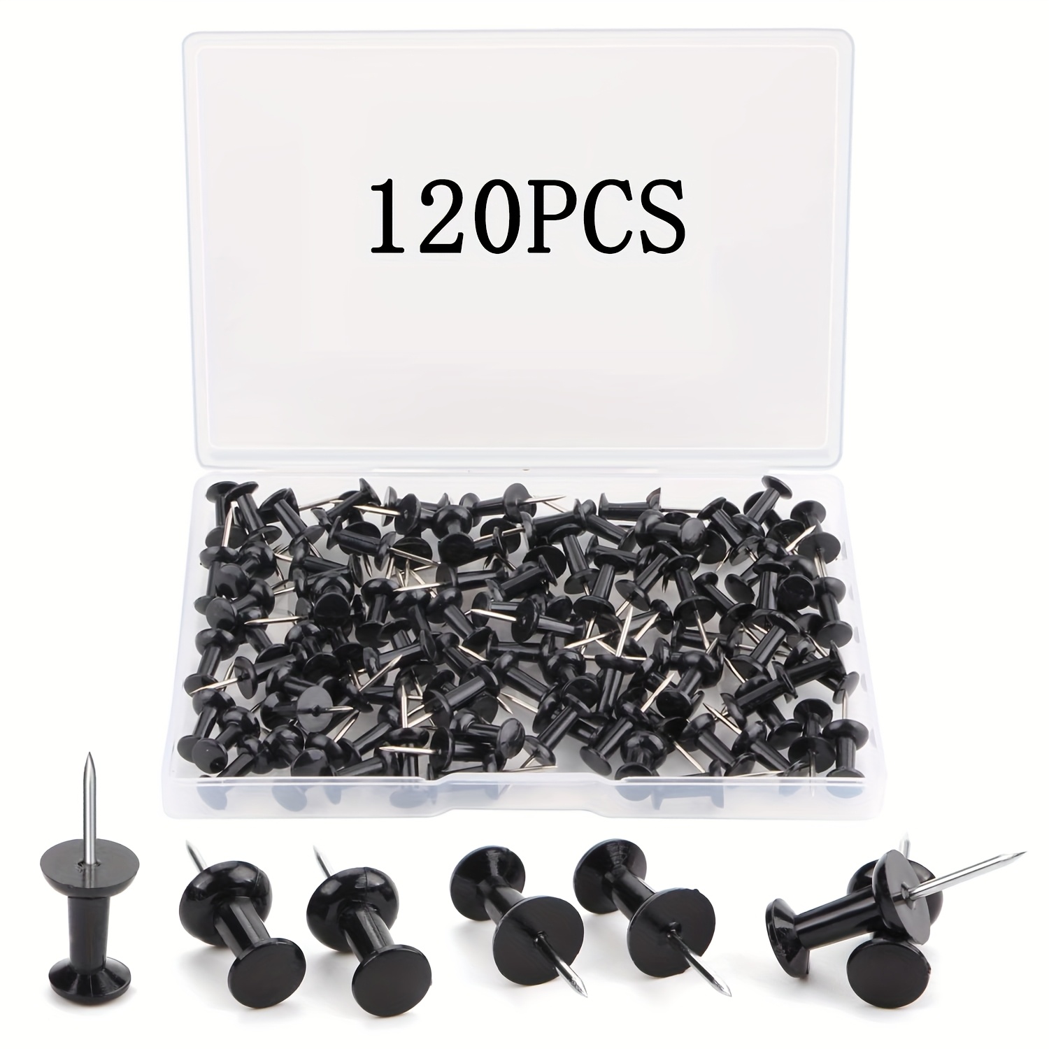 Image of 120pcs Black Push Pins - Standard Size, Durable Thumb Tacks For Cork Boards & Wall Hangings, Ideal For Office, School & Home Use, With Clear Storage Box, School Essentials
