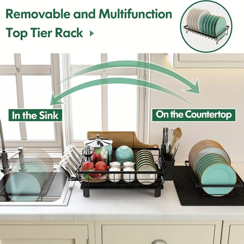 dish drying rack 2 tier dish racks for kitchen counter large dish drying rack with utensil holders rust proof dish drainers kitchen organization Product details 1