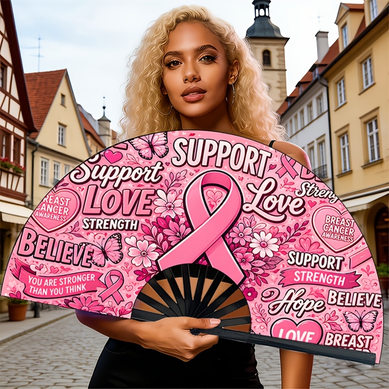 TEMU Pink Ribbon Breast Care Theme Large Folding Fan, Handheld Folding Fan, Women's Aid Groups, Themed Photography, Women's Theme Party, Charity