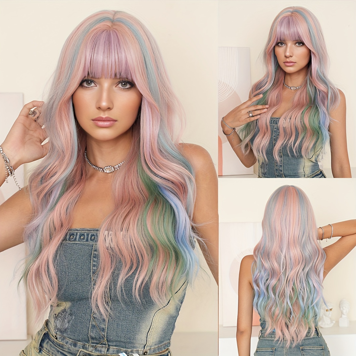 Image of Men's Long Curly Iridescent Multicolor Synthetic Wigs For Women Daily Party Christmas Cosplay Heat Resistant Hair With Bangs