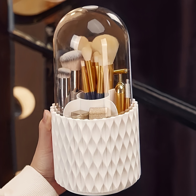 360 rotating makeup brush holder with transparent dome lid dustproof waterproof white hexagonal organizer   countertop storage for brushes skincare products durable plastic vanity organizer with 360 spin no power required bathroom dressing table organizer Product details 0