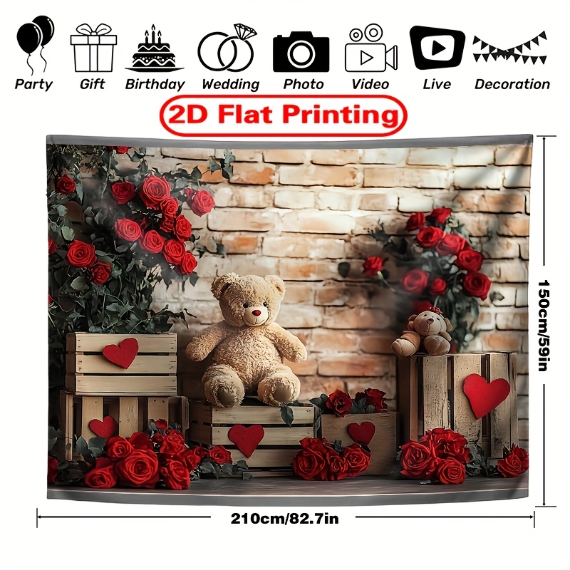 TEMU 2d Flat 1pc Red Rose Proposal Backdrop White Brick - Polyester Photography Backdrop - Photographic Cloth, Suitable For Family Celebrations And