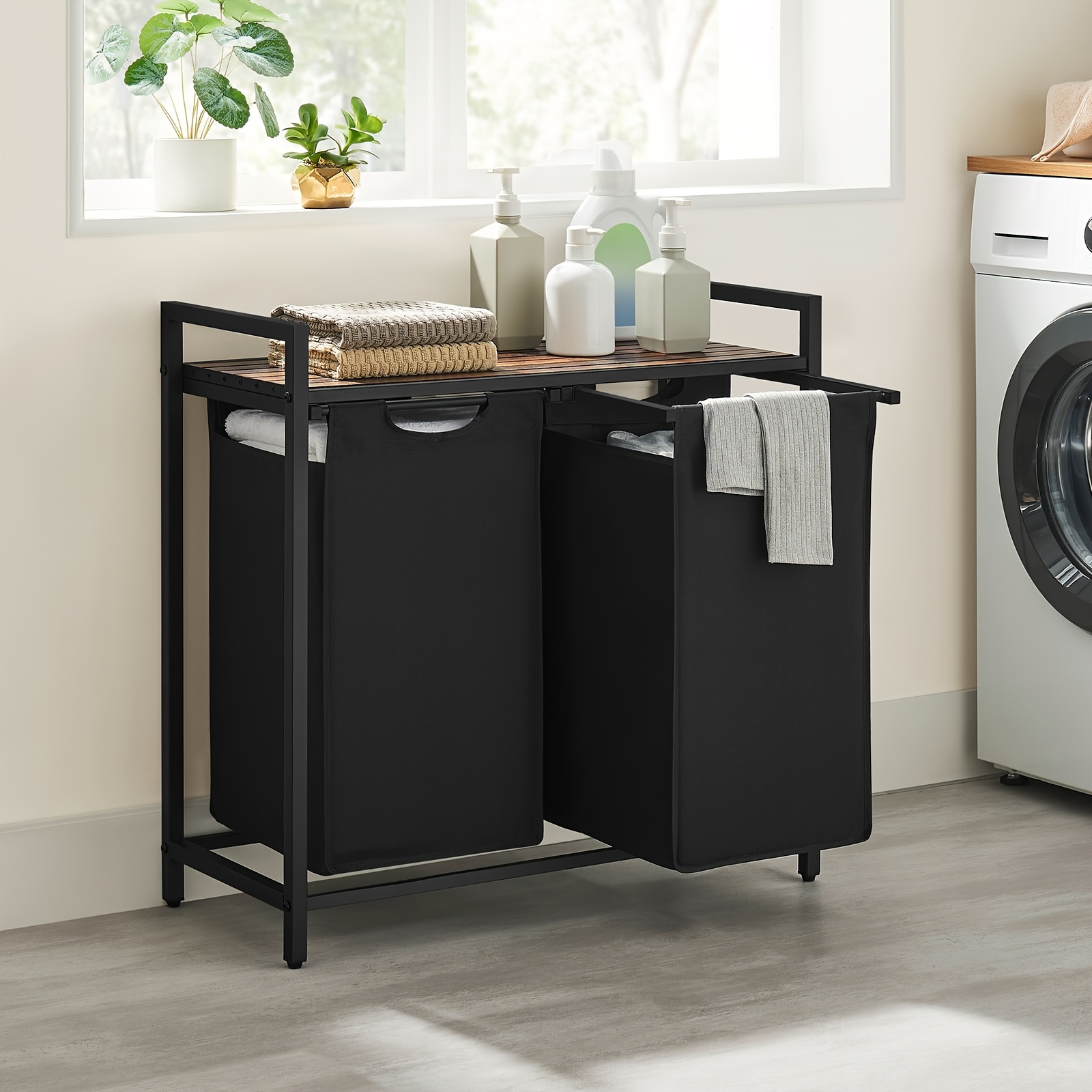 dirty laundry basket 2 compartments bin with 2 removable oxford cloth bags metal frame 2 x 46 litres 73 x 33 x 72cm laundry baskets