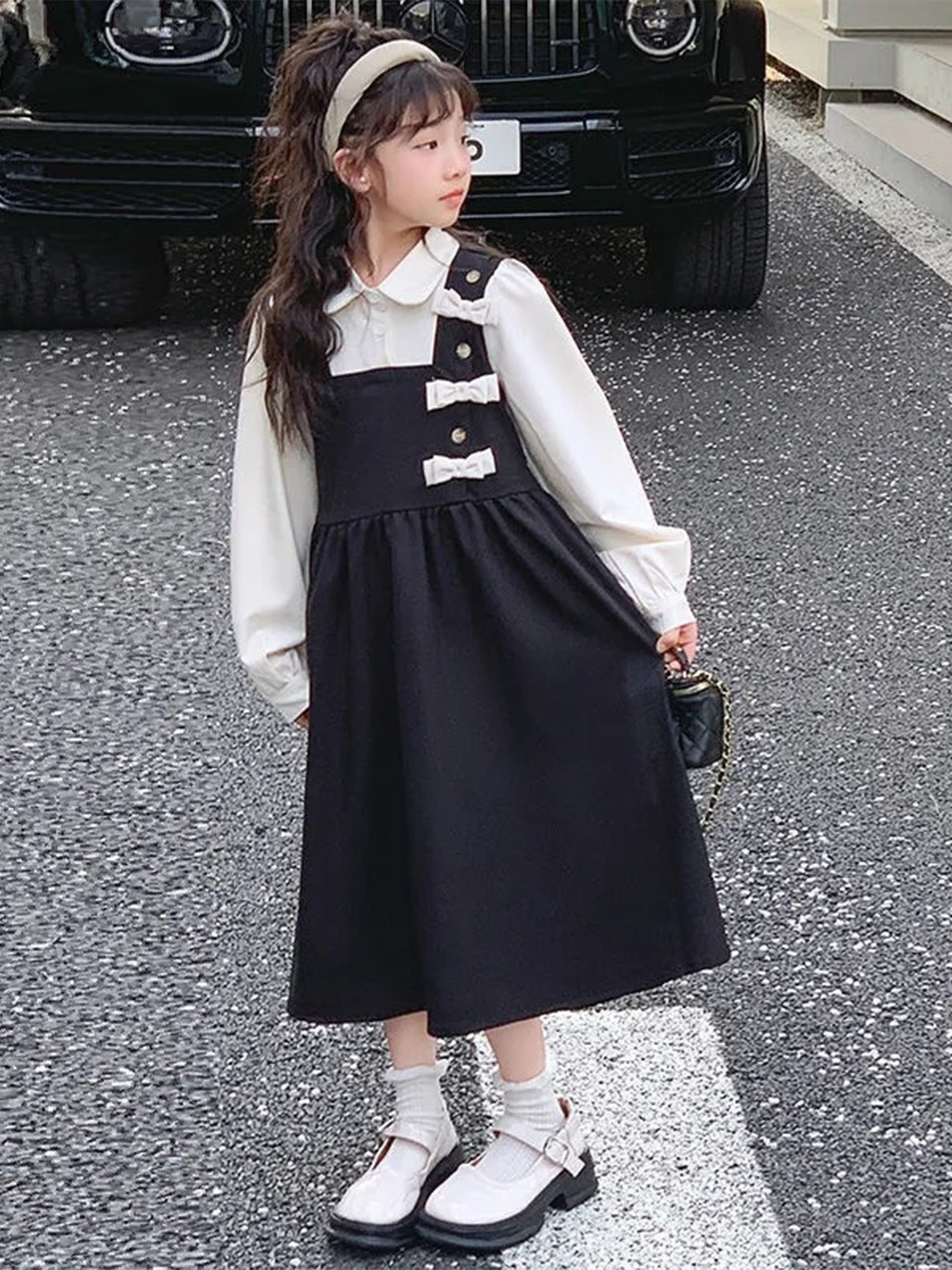 girls preppy style dress with   two-piece design - long sleeve, black & white contrast, bow detail,   spring & fall, casual to formal wear, casual dressing | contrast color dress |   dress Product details 1