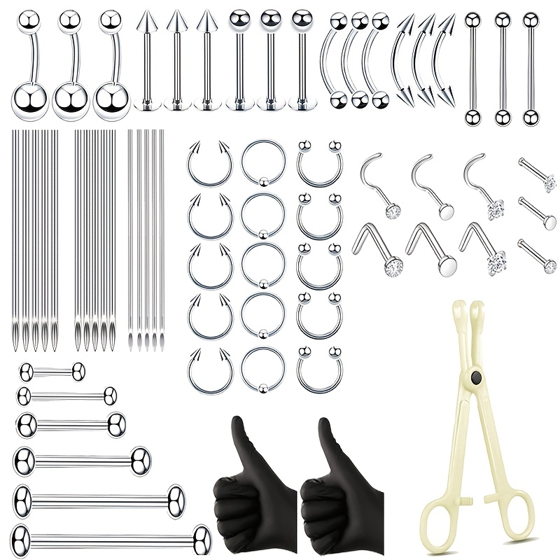 

66pcs Stainless Steel Piercing Tool Kit, Synthetic Zirconia, Non-magnetic, With Clamps, Curved Needles, Straight Bars, For All Piercings, Mardi Gras Day Body Jewelry Set