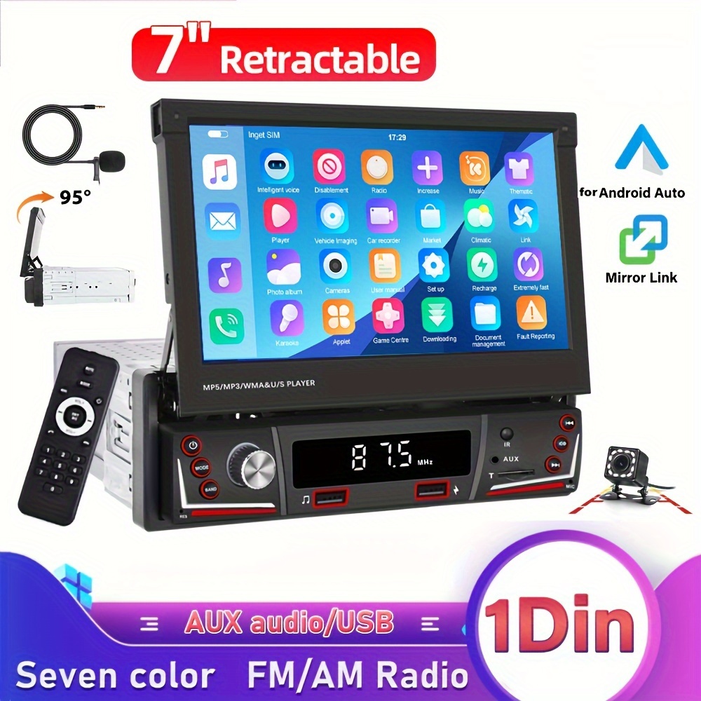 Autoradio Rétractable HD De 17,78 Cm : Radio De Voiture 1Din Avec Écran  Tactile, Lecteur MP5, Radio USB/AM/FM Sans Fil Et Support De Caméra