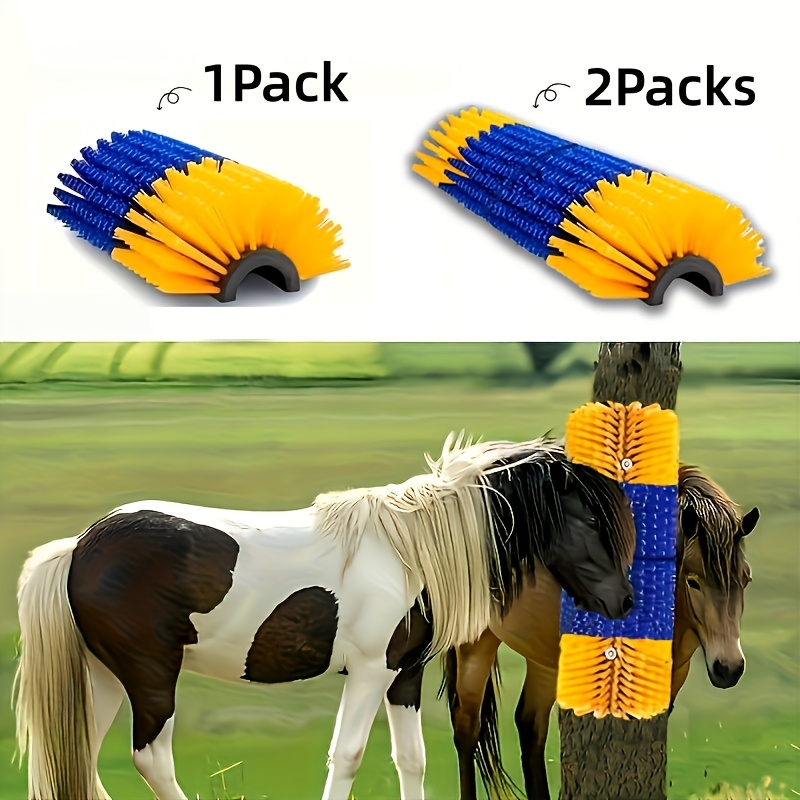 item picture 1 pack 2 packs livestock scratch brushes horse scratcher full massage brush kit for horse cattle sheep pig yellow durable plastic bristles and pp body relieves itchy back grooming and scratching post for farm animals no batteries required