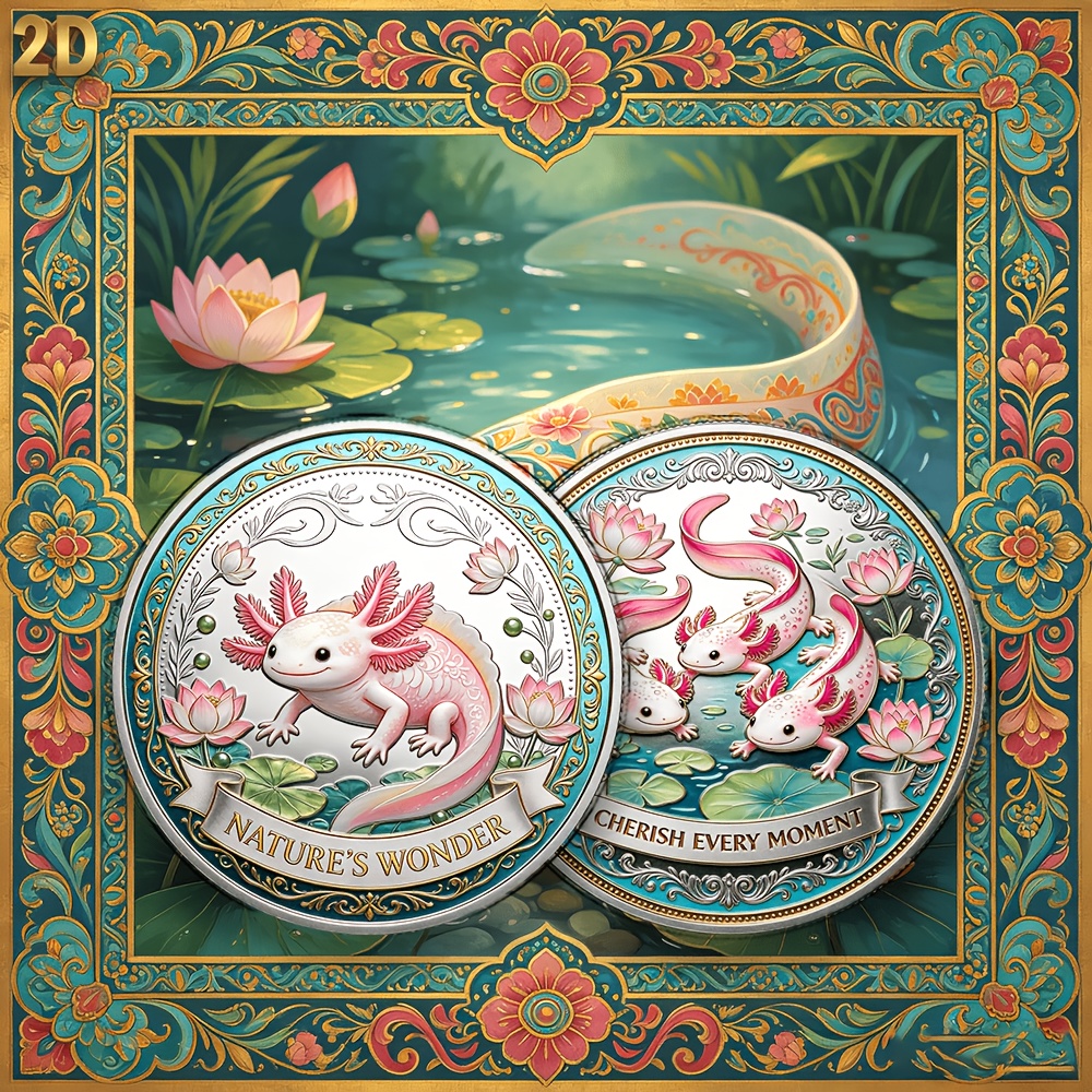 TEMU 1pc, 2d And Moment Theme Collectible Coin Commemorative Coin, Ingeniously Designed With Cute Mexican Axolotl And Elegant Lotus Landscape. Face