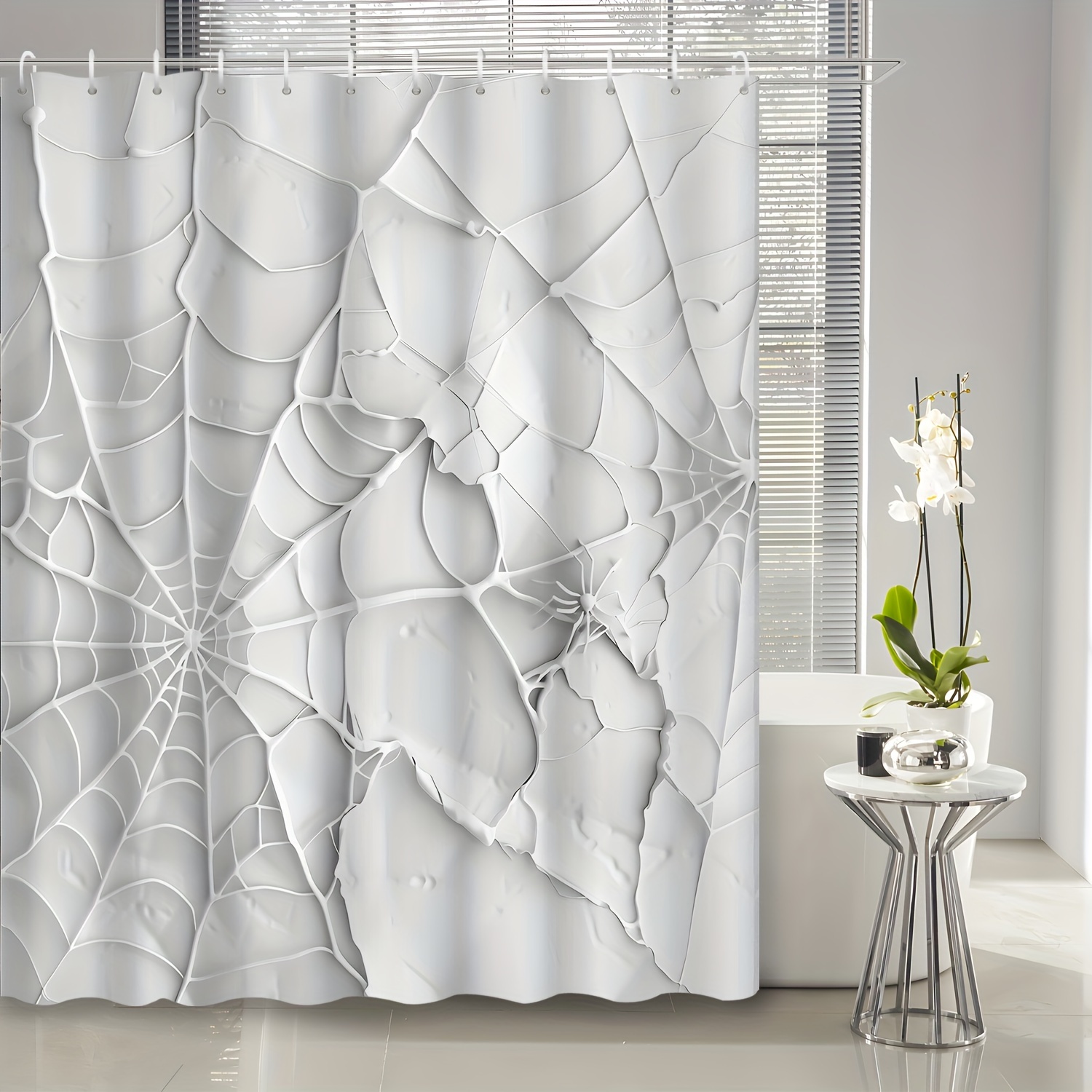 

1pc Decoration White Theme Three-dimensional Effect Creative Art Spider Web Spider Print Shower Curtain, Waterproof Polyester Fabric, With 12 Hooks, Waterproof Shower Curtain, Bathroom Accessories