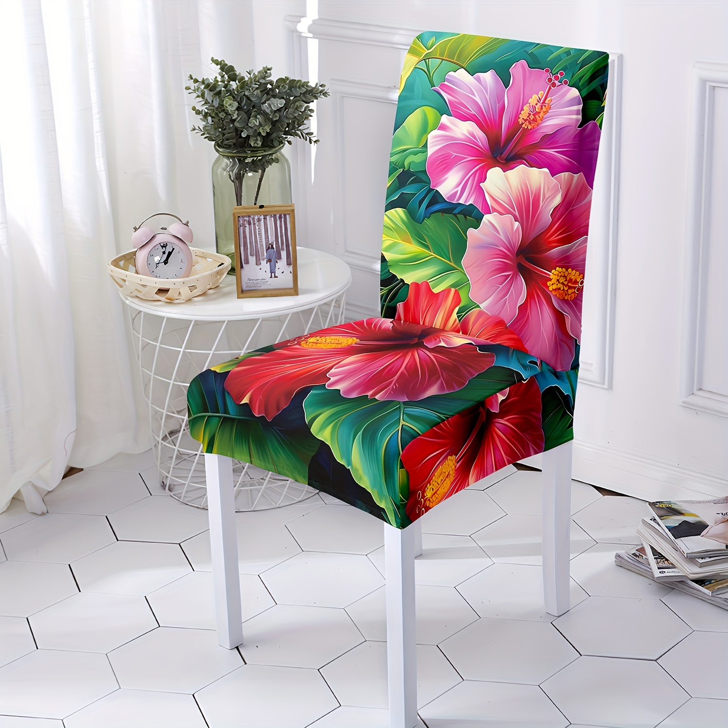 

Stretchable Red Floral & Green Leaf Print Chair Cover - Removable, Washable Dining Room Slipcover For Restaurants, Hotels, Ceremonies & Festive Decor