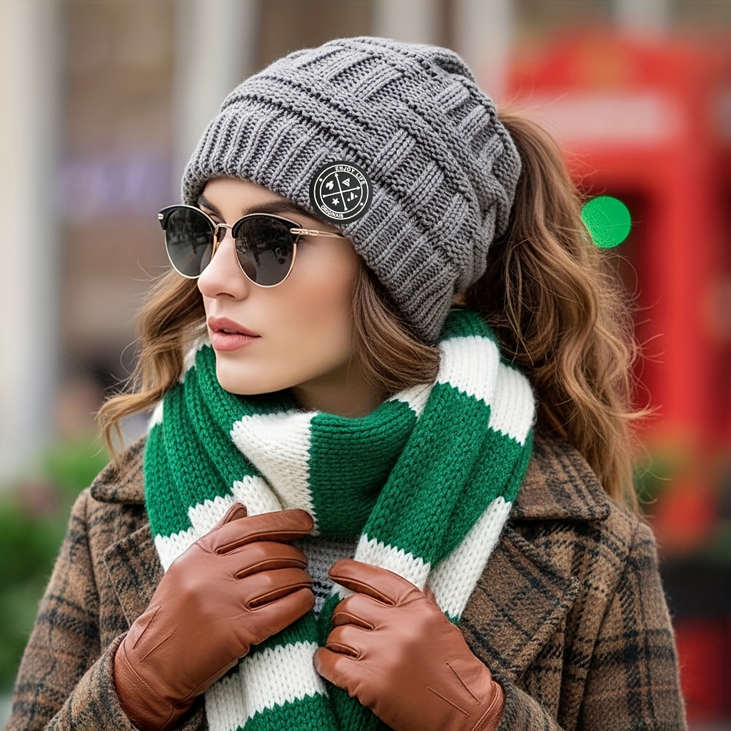 Women's Winter High Ponytail Beanie Hat Warm Ear Protection Headband Hollow Top Ponytail Postpartum Cap